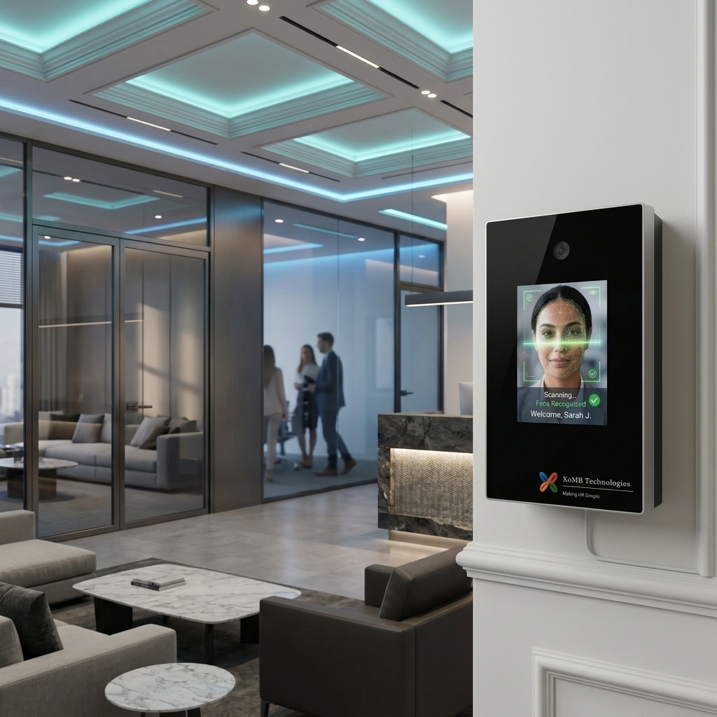 Face recognition biometric attendance machine in action - employee face scan for contactless attendance