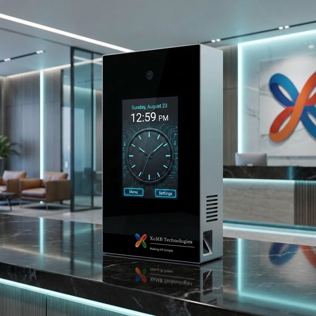 XoMB Biometric Attendance Machine - Front view showing touchscreen display and camera for face recognition