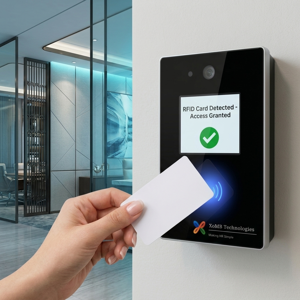 RFID card tap on XoMB biometric attendance machine - instant tap-and-go attendance